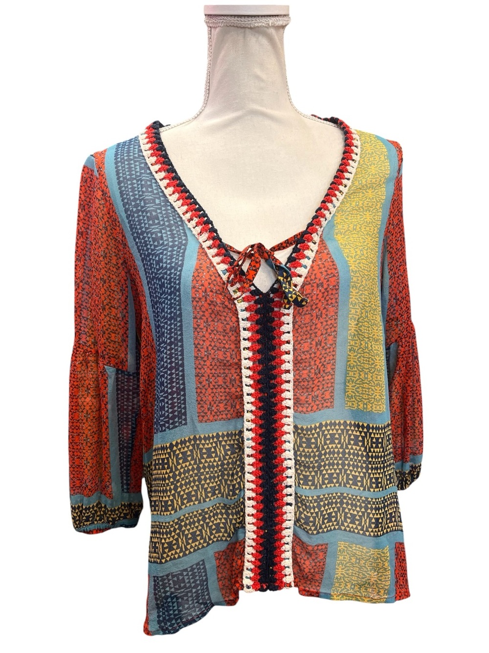 Gypsy 05 Global Village 100% Silk Patchwork Crochet Boho Blouse Top XS - Picture 3 of 14